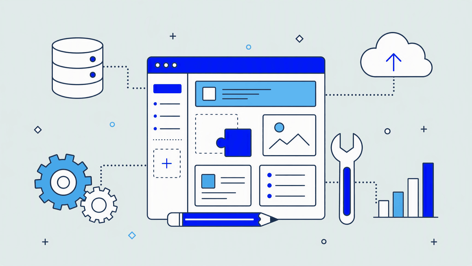 Illustration: Aufbau einer individuellen Geschäftsanwendung aus Bausteinen, verbunden mit Datenbank, Cloud und Prozessen