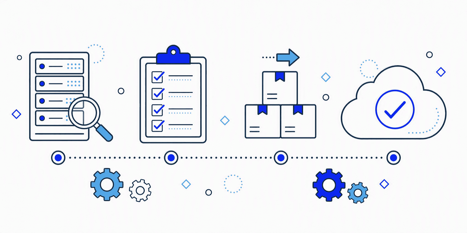 Diagram: migration path from local server through analysis and test migration in waves to the Microsoft cloud
