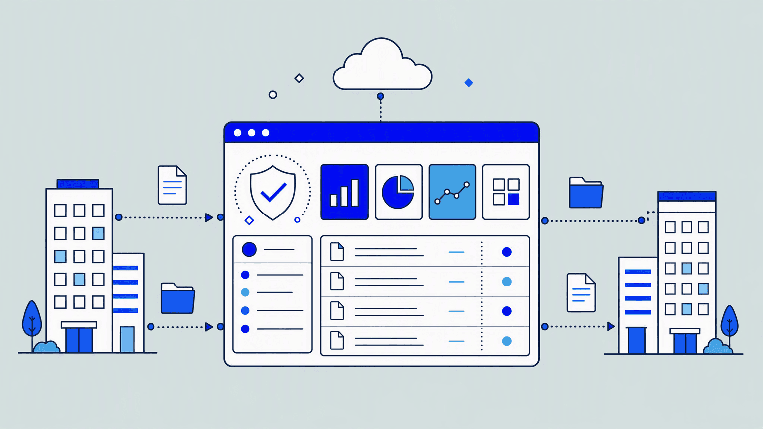 Illustration: a portal connects two companies through a protected platform with documents and cloud
