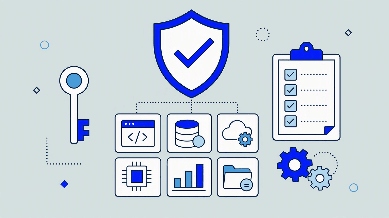 Illustration: a shield above tidy Microsoft 365 building blocks with key, checklist and gears
