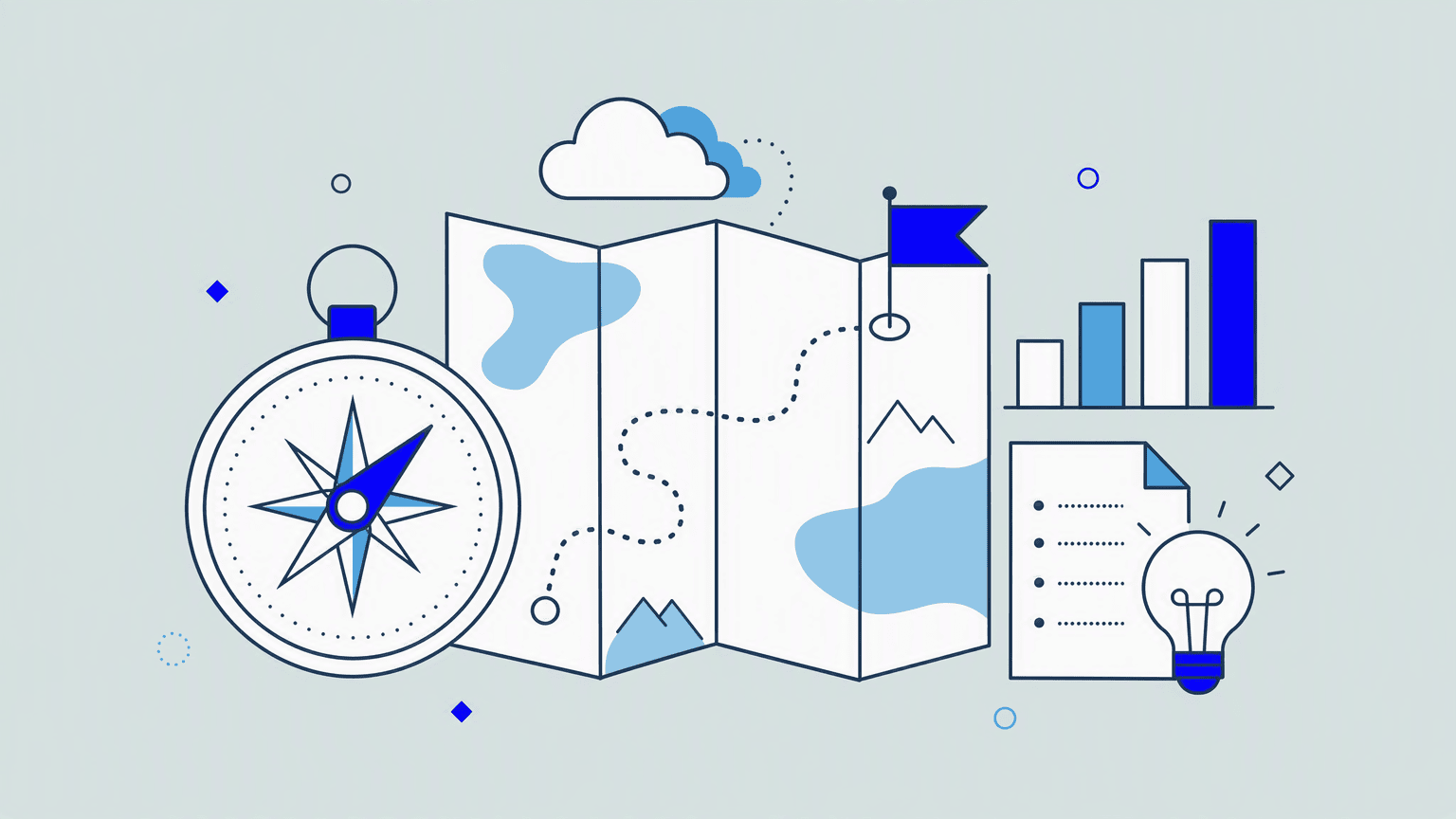 Illustration: compass and roadmap with goal flag and chart under a cloud