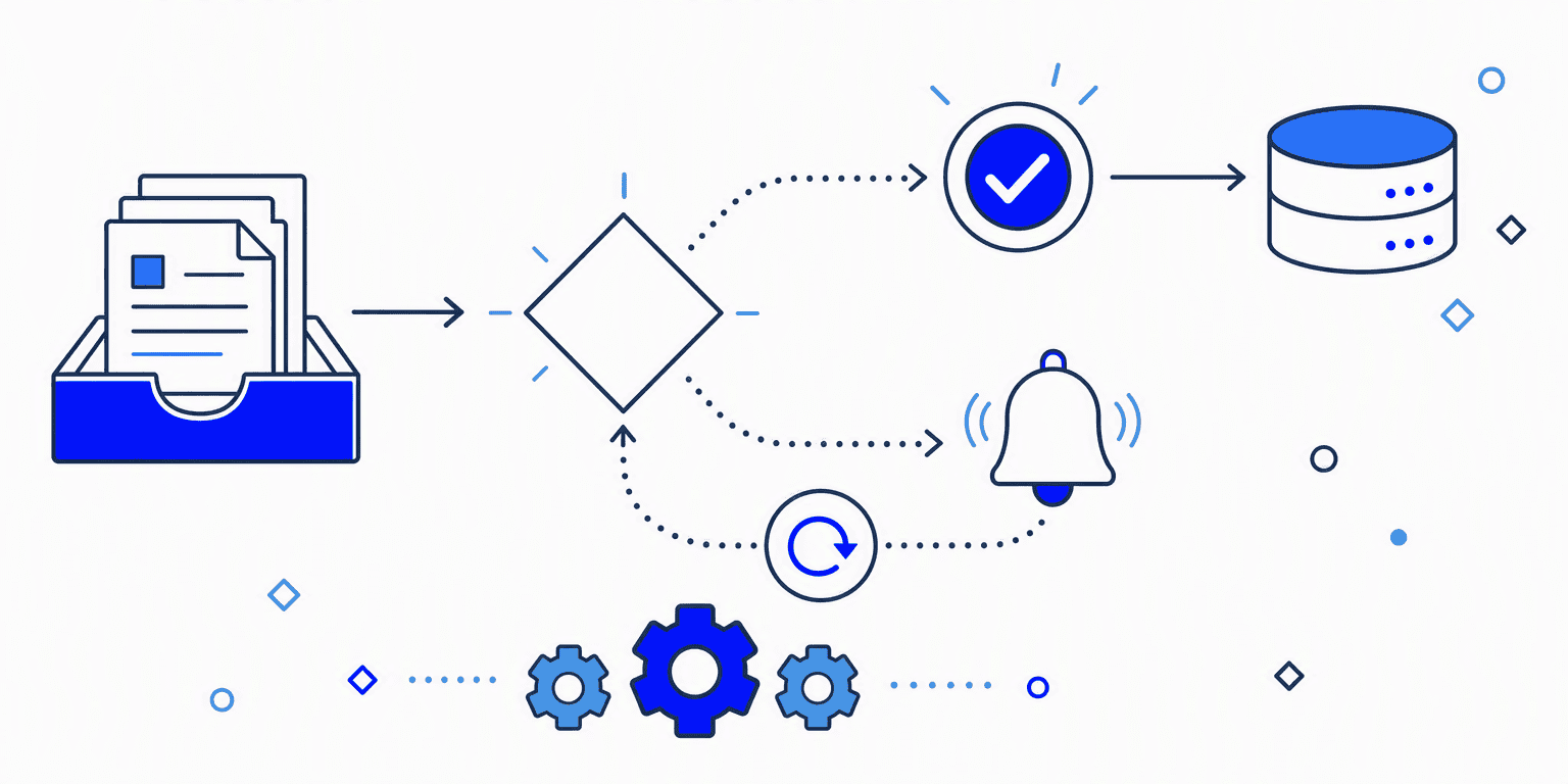 Diagram: automated flow from intake through review and approval to filing, with branching and escalation