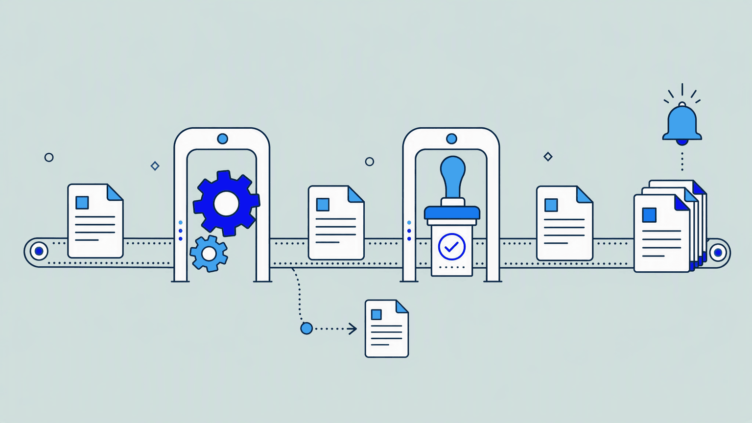 Illustration: documents travel through an automated flow with checks, gears and ticks