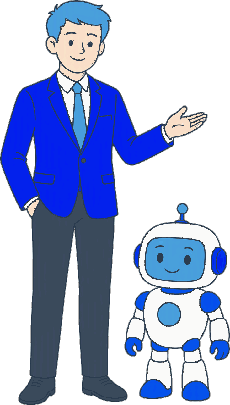 Illustration: consultant in a suit with a friendly AI agent